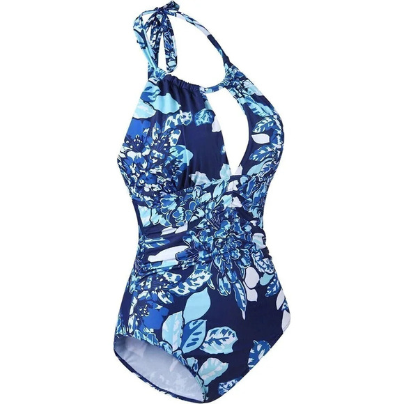 𝅺CastDream Womens Swimsuit Blue Floral Small Halter White Beach Summer New - Picture 2 of 7